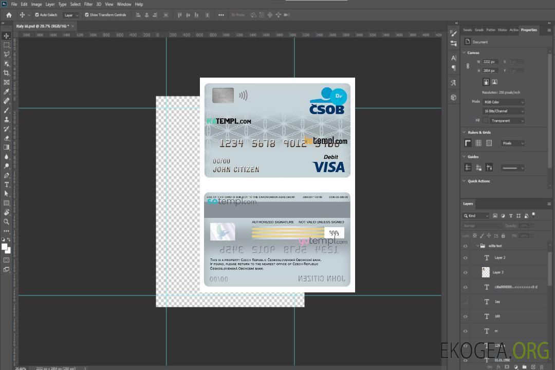 Modèle de carte de débit de carte visa bancaire République tchèque Československá Obchodní au format PSD, entièrement modifiable template